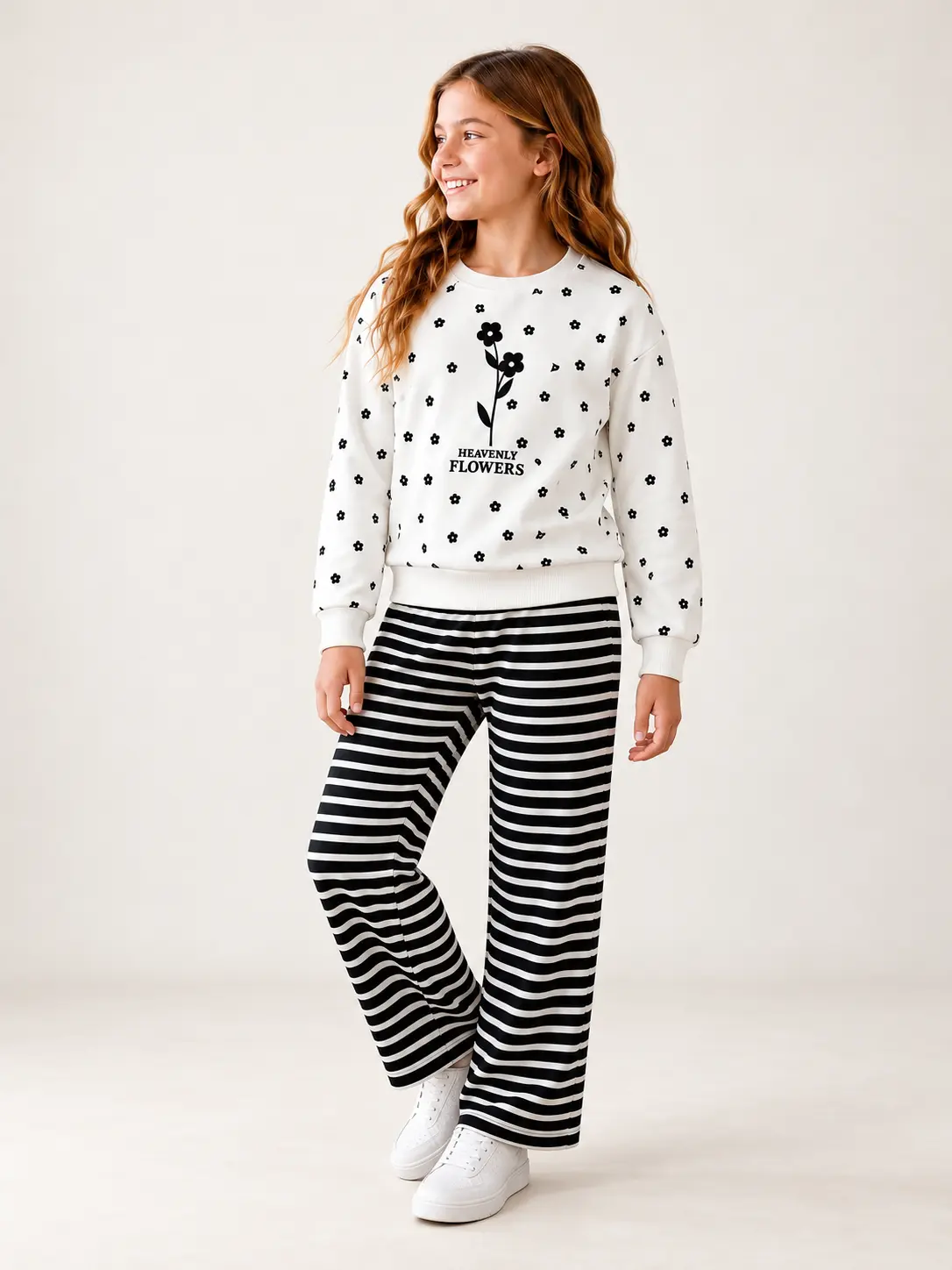 Ensemble fille 100% coton Heavenly Flowers écru avec pantalon large rayé - Stylish Kids Tunisie